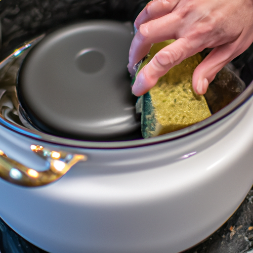 A person cleaning a high end cookware pot with a gentle sponge.